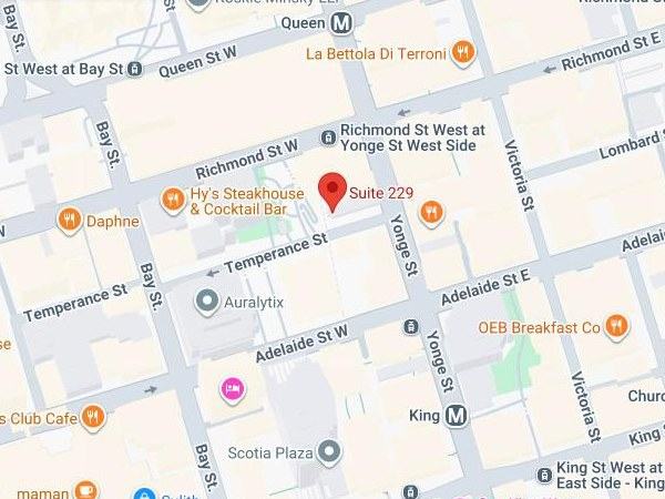 Map showing UniNorth Digital at 140 Yonge St, Suite 229, Toronto
